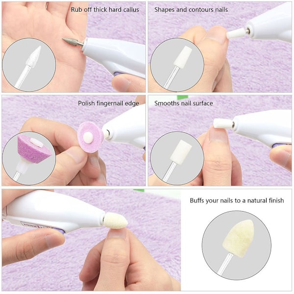 Elektrisk nagelborr Nagelkonstfil Elektrisk set, bärbar nagelbuffert fingernagelslipningssats Multifunktionell naturlig tånagelpolerare