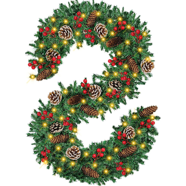Lysande Julglädje, Förbelyst Julgirlang, Flexibel Form, Frodig Tallgirlang Prydd med Röda Bär och Kottar, 360 cm Lång, 25,5 cm
