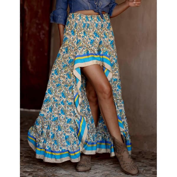 2 stk. Boho Print Lange Nederdele Dame Underdele Elastisk Talje Gypsy Etnisk Dame Nederdel Blå, M Størrelse & L