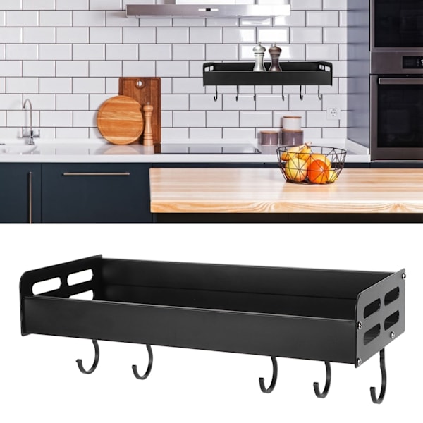 Sort Hylde med 6 Kroge Rum Aluminium Krydderi Hylde Køkkenudstyr Holder Hylde til Køkken