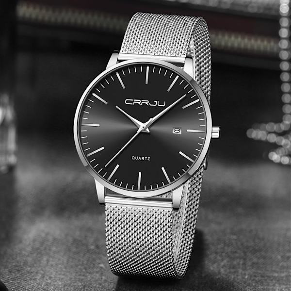 Miesten Ultra Ohut Vedenkestävä Rannekello Miesten Muoti Mustalla Ruostumattomasta Teräksestä Valmistetulla Rannekkeella Mesh Analog Quartz Business Miesten Kellot