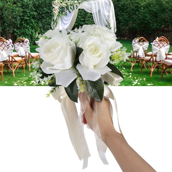Kunstig brudebukett Silkeblomst Simulering Rosebukett for Brud som Holder Blomster Melkehvit