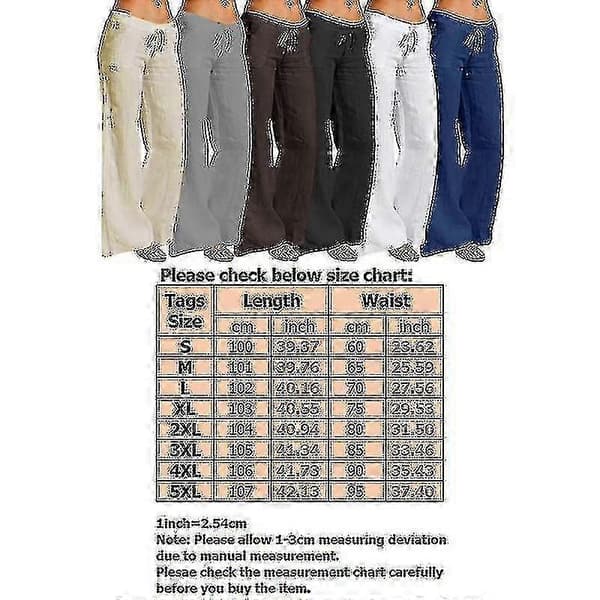 Vide bomull- og linbukser for kvinner, ensfargede, uformelle, med elastisk midje beige S