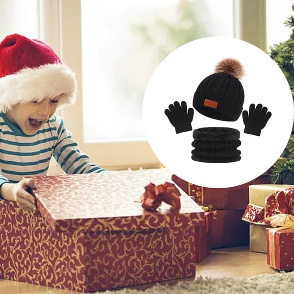 1 sæt børns vinter tredelte hat, halstørklæde, handsker, tredelt efterår og vinter enkelt kugle babyhat