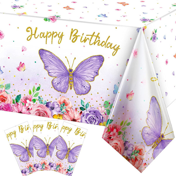 Fjärilsfödelsedagsduk, cover rektangulär bordsduk Plastduk för tjejfest 3st