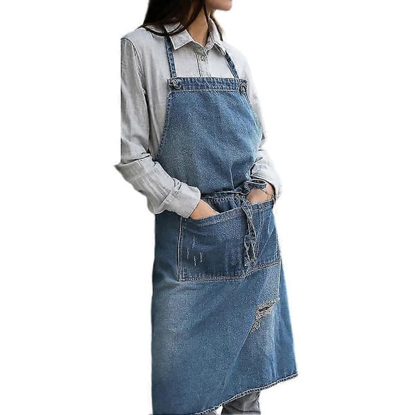 1 Denim Forkle Halter Bib Med Lommer For Baking, Maling, Hagearbeid, Rengjøring, Mørkeblå