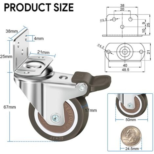 4-pack 50mm svängbara hjul, 100 kg möbelhjul, typ L möbelhjul med broms 360° rotation, för inomhus- och utomhusbruk