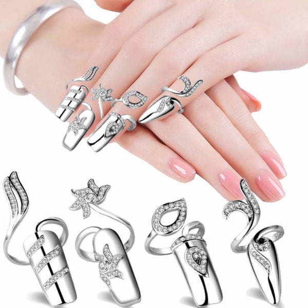 1 Set/ 4 Pcs Rhinestone Fingernail Ring Finger Tip Adjustable Opening Nail Art Charms Accessories for Women Girls, Silver