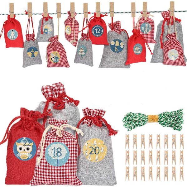 Julnedräkningspåsar, dragskopåsar för hållbar material adventskalender, kreativ nedräkningsceremoni idealisk för hemfestdekoration (24