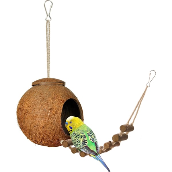 100 % naturlig kokosnötsgömställe med stege, fågel- och smådjursleksak kokosnötsfågelbo, naturligt kokosnötskal fågelbohus$ kokosnötsfågelhus med