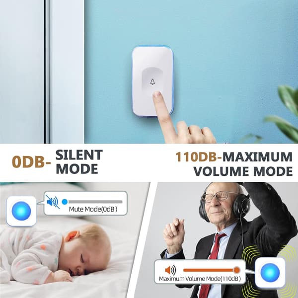 Trådløs dørklokke uten ledning, plugg, ingen batterier nødvendig med blink