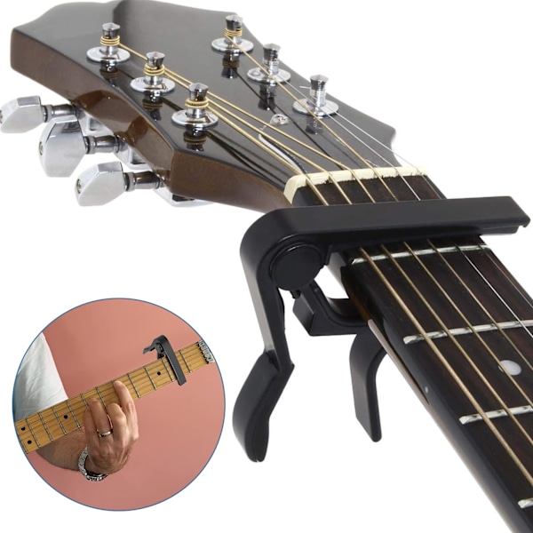Svart gitar-klipskapo + 4 gitarplukker (tilfeldig farge)