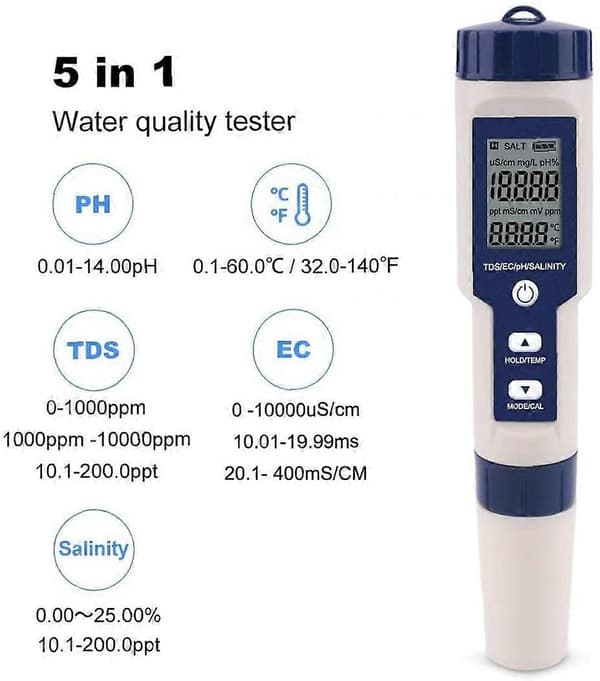 5-i-1 digital mätare för TDS / EC / pH / salthalt / temperatur för övervakning av vattenkvalitet