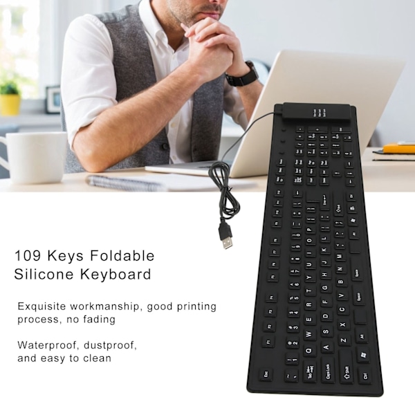 109 Taster Foldbart Silikon Tastatur Stille Vandafvisende Støvbestandig USB Kabelforbundet Fleksibelt Tastatur til Desktop Laptop Hjem Kontor Sort