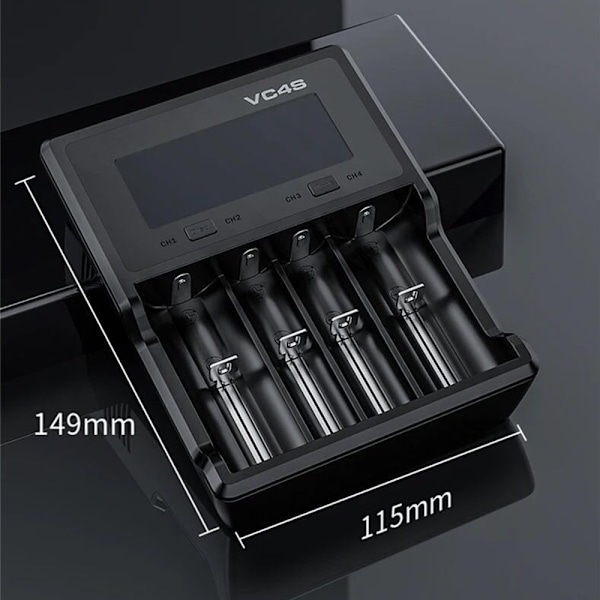 VC4S Batterilader 4 Slots Li-ion Hurtiglader med 18W Væglader Max 3A til 10440 16340 18650 20700 21700 32650 AAA /AA/ C Batterilader