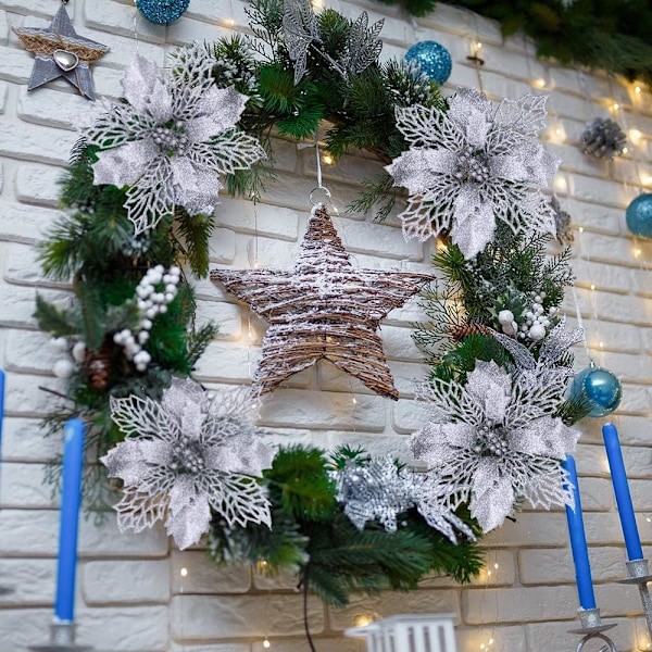 Glittrande Julgransdekorationer, Julstjärna Konstgjord Blomma Med Silverglitterpulver För Festlig Dekor