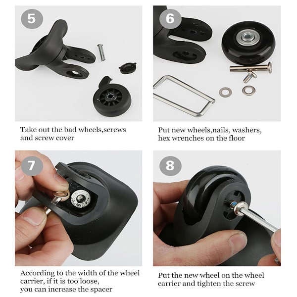Sæt med 2 udskiftningshjul til kufferter med sorte aksler 40mm 18mm Universelt kufferthjul