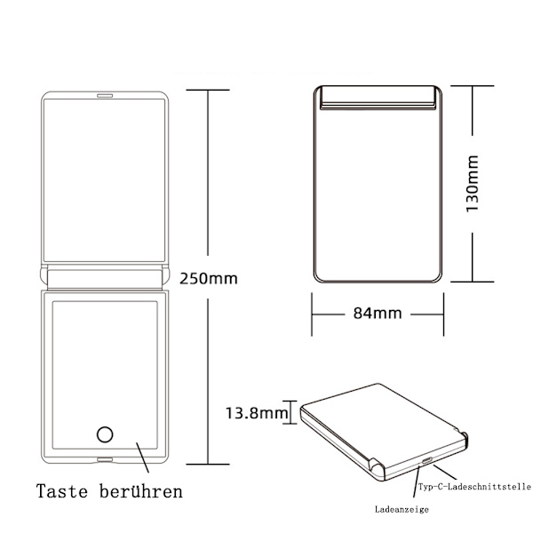 Vikbar fickspegel, LED USB handhållen spegel med 2x förstoring, 300° hopfällbar och 2-sidig magnetomkopplare, handspegel liten resespegel