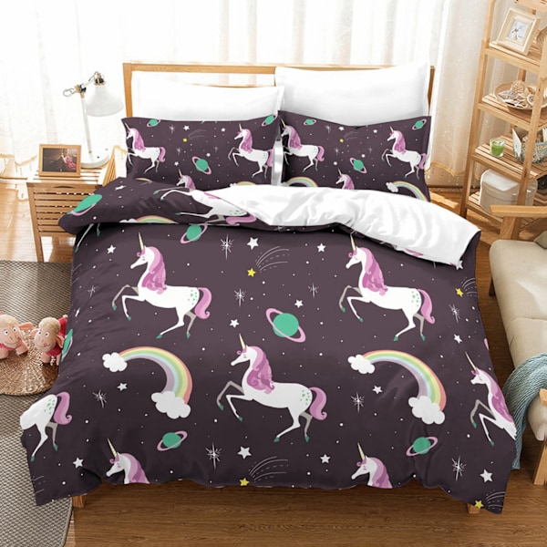 Sengesett med dynetrekk og putevar, 3 deler, 100 % polyester, trykt med enhjørning (Queen)