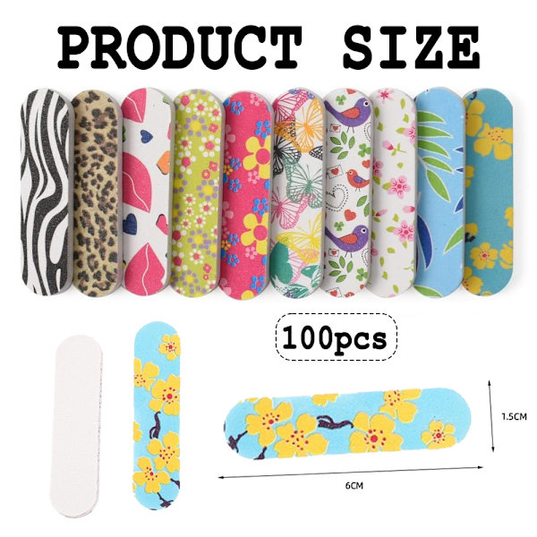100 Pak Mini Neglefiler Engangs Neglefiler Dobbeltsidede Smirgelbrætter Manicure Værktøjer (Farverige Blomster Neglefil)