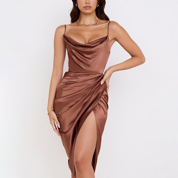 Dame Satin Draperet Cowl Neck Ærmeløs Stroptop Cami Slids med Split