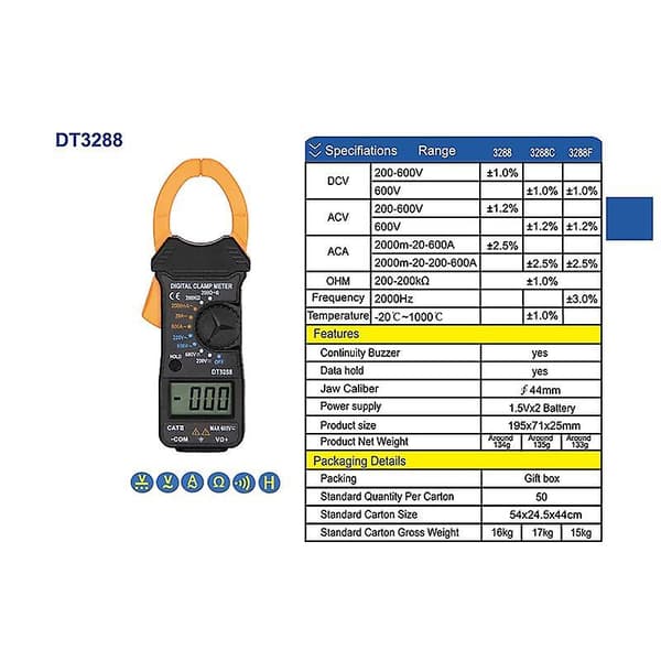 Handhållen digital strömtång, amperemeter, voltmeter, multimeter för precisionsmätning Dt830b yellow