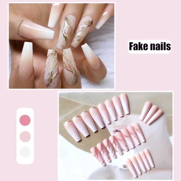 Lange trykk-på negler Kiste Ballerina Gradient Falske negler Akryl Full dekning Bling Falske negler for kvinner og jenter 24 stk