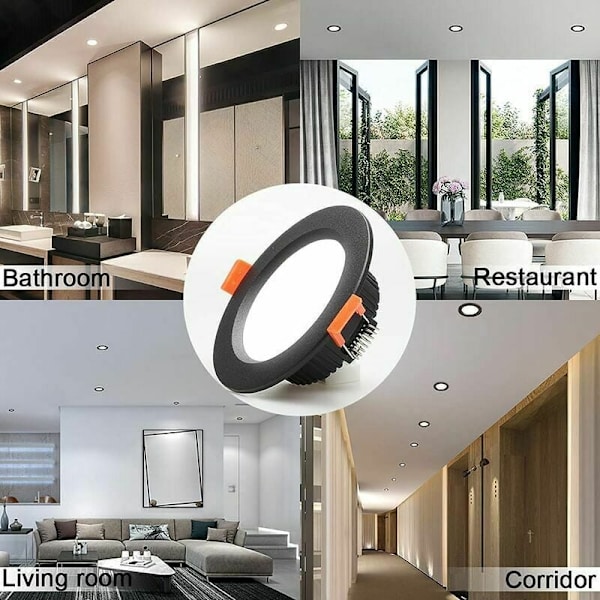 7W Spot LED Infällbar Dimbar Svart Extra Platt 230V 5 Pack, 700LM = 70W Glödlampa, IP44, Kallt Vit 6000K, Utskärning 80-90mm, Rund Tak