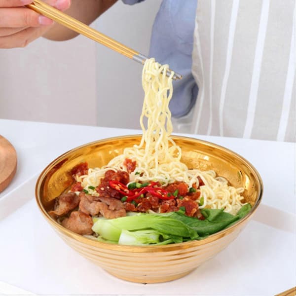 2x Rund Nudelmatskål Dubbla Lager För Hot Pot Sås Soppa Ris Stor Ramen Skål Guld & Regnbåge Nr