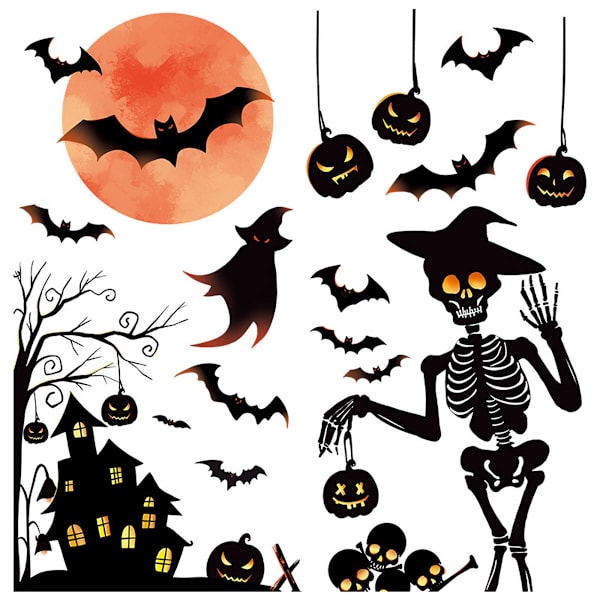 2 sarjaa Halloween-aiheisia seinätarroja: Punainen kuu, lepakko, linna, kurpitsa, haamu, luuranko