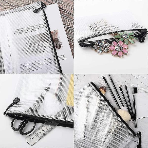 18 stk Mesh Glidelåspose Dokumentpose, 8 assorterte størrelser, Vanntett Plast Glidelås Mappe, Multipu