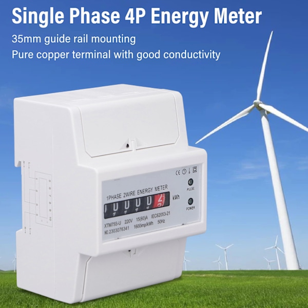 DC220V Enfase Energi Måler Digital Display 4P 35mm Skinnemontering Elektrisitet Strømmåler