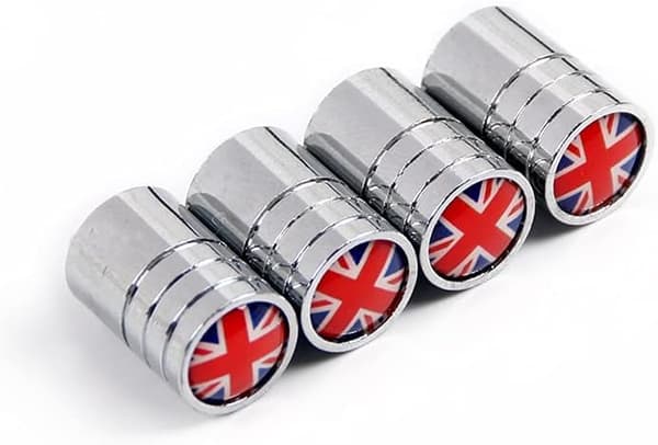 4 stk. britiske flagg, kromdekk, hjulstammer, ventilhetter