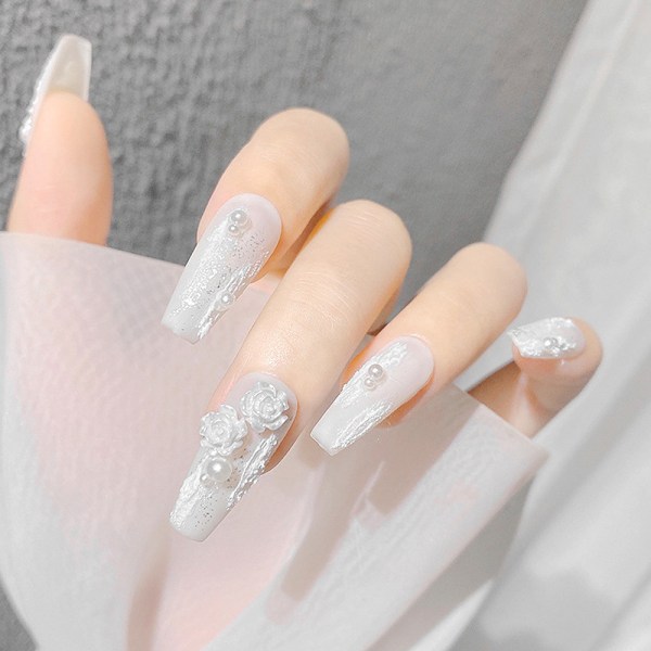 Nail Art 3D Resin Vit Ros Blomdesign Aurora Kronblad Nagel
