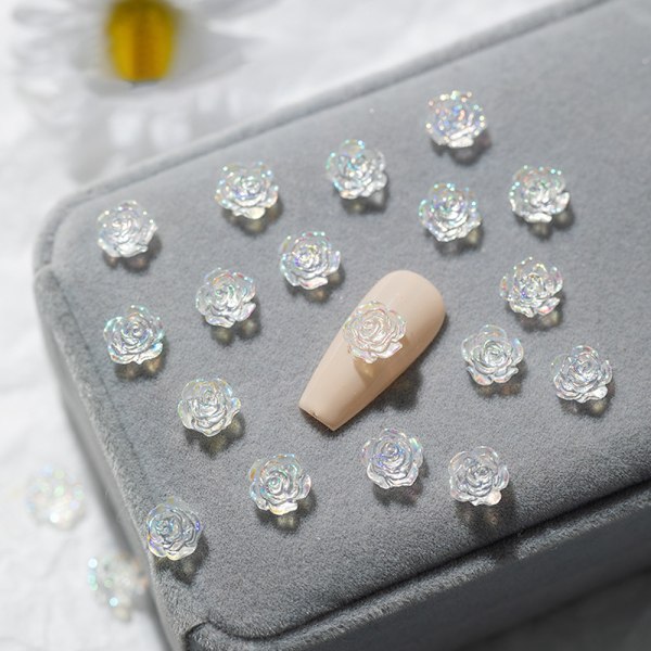 Nail Art 3D Resin Vit Ros Blomdesign Aurora Kronblad Nagel