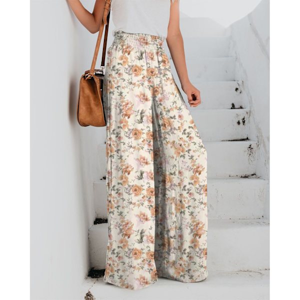 Orange Blommor XL Midje Byxor Kvinnor Casual Slacks Bred Rak Ben Elastisk Midja Byxor Lös Stil