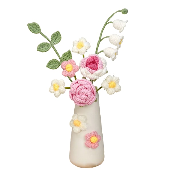Rosa Simulerad Ullblomma Handgjord Stickning Konstgjord Blomma Virkad Stickad Blomma med Keramisk Vas Bordblomma Present