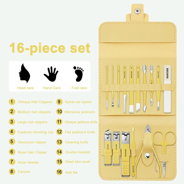 Nagelkit, nagelklippare, fotspa, fotskrubber, pedikyrsats, fotbad, set 16 Piece Set - Lemon Yellow