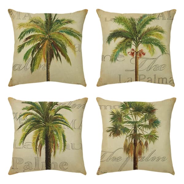 Sæt med 4 pudebetræk 45 x 45 cm Tropiske træer Polyester Linned