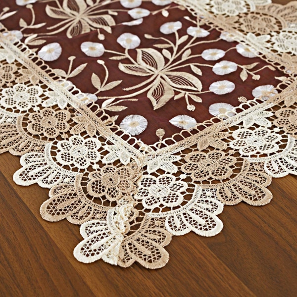 Bordløper med blomstret broderi, polyester, rektangulær