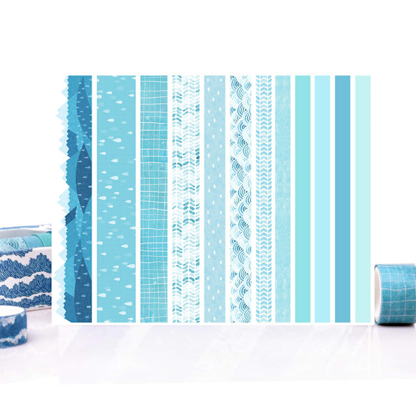 Washi Tape Set med 12 rullar, Blå Havsvåg Dekorativ Washi