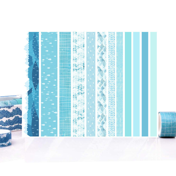 Washi Tape Set med 12 rullar, Blue Sea Wave dekorativa Washi