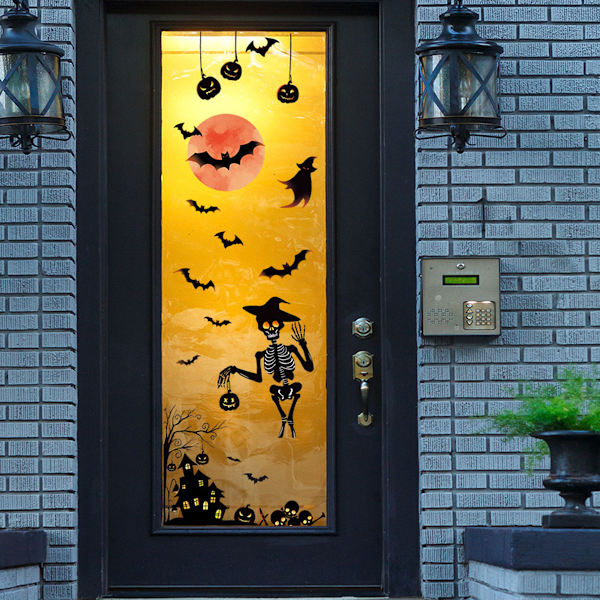 2 sarjaa Halloween-aiheisia seinätarroja: Punainen kuu, lepakko, linna, kurpitsa, haamu, luuranko
