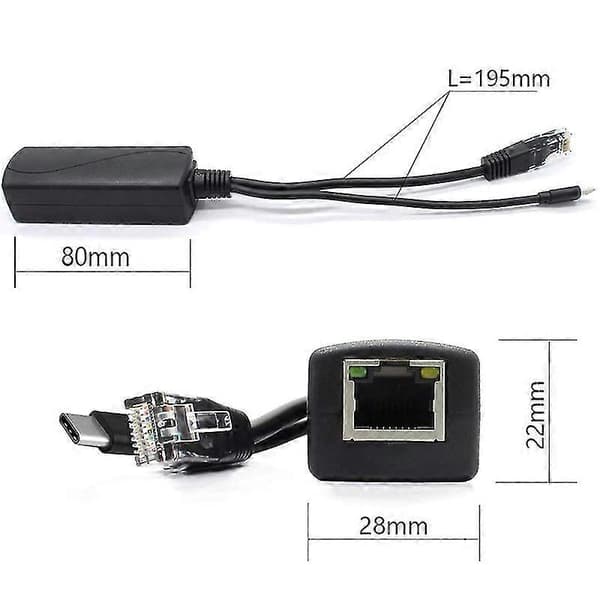 2-pakning 5V Gigabit PoE Splitter, USB Type C, 48V til 5V 2.4A Adapter, IEEE 802.3af Kompatibel