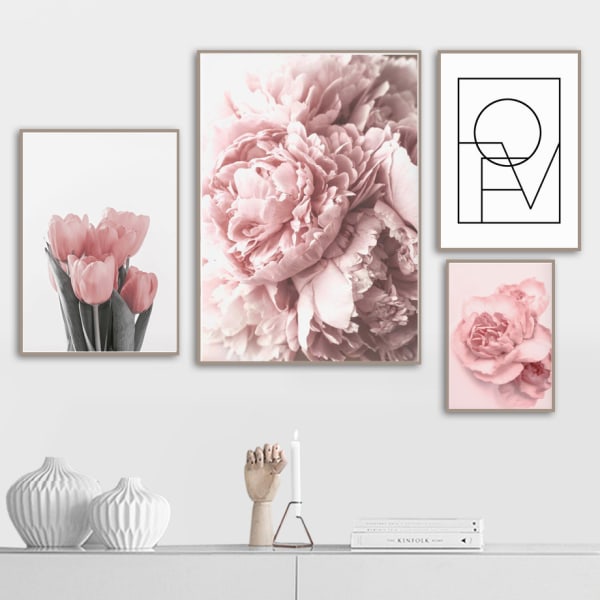 Rosa Pion Tulpaner Ros Blomvägg Konst Canvas Målning Nordisk