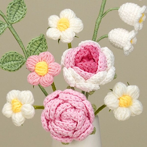 Rosa Simulerad Ullblomma Handgjord Stickning Konstgjord Blomma Virkad Stickad Blomma med Keramisk Vas Bordblomma Present