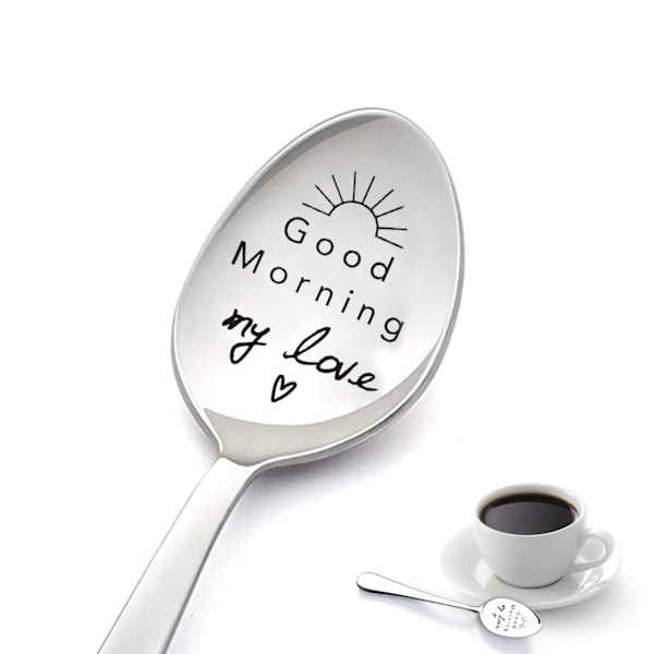 1 stk gravert rustfritt stål skje med langt skaft - Sølv God morgen kjærlighet
