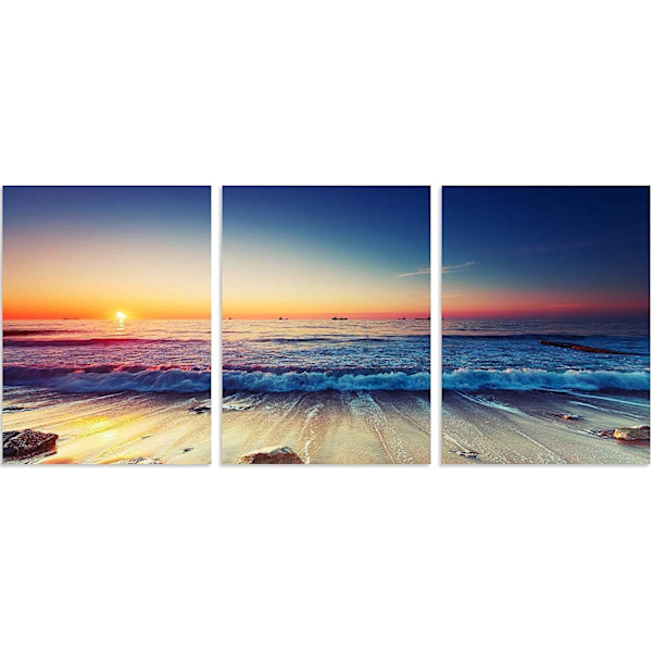 3-Panel Strand Canvas Væghængning til Hjemmedekor Blå Hav Solnedgang Whi