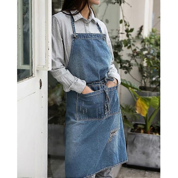 1 Denim Forkle Halter Bib Med Lommer For Baking, Maling, Hagearbeid, Rengjøring, Mørkeblå