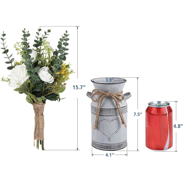 Metallblomvas Mjölkkanna Rustik Stil med Ros & Eukalyptus S